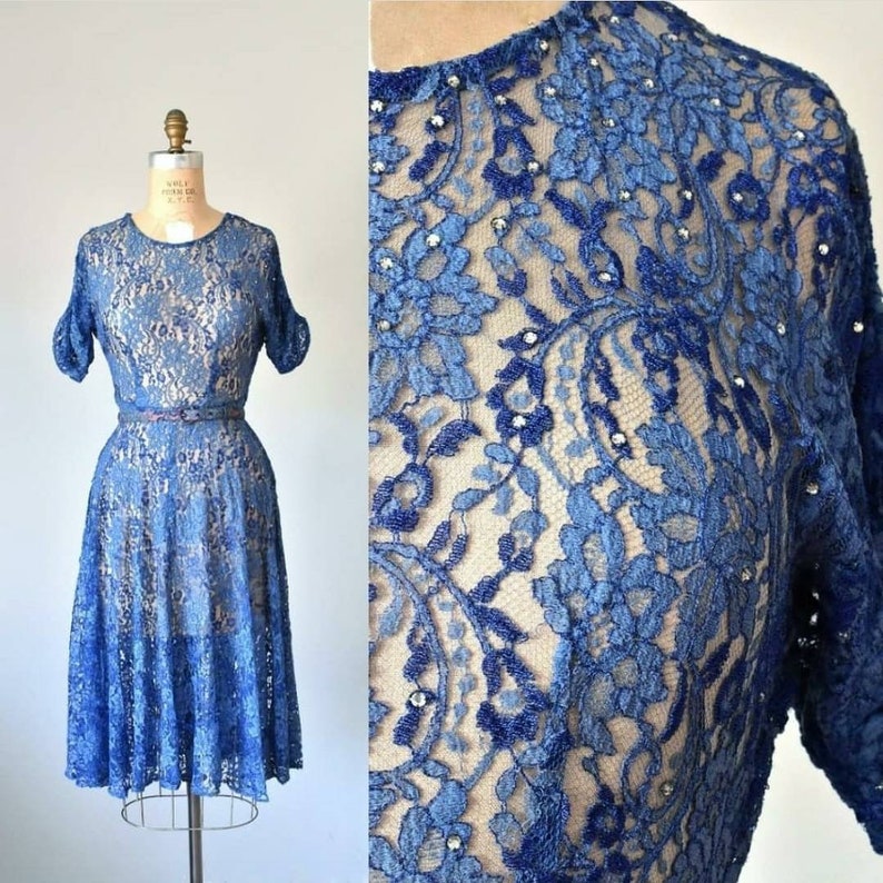 Belle lace rhinestones 1940s dress, 40s lace dress, blue dress, 1930s dress, vintage clothing image 1