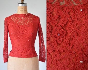 Alice 50s beaded lace top, 1950s lace blouse, pinup rockabilly red top, womens vintage clothing, erstwhile style