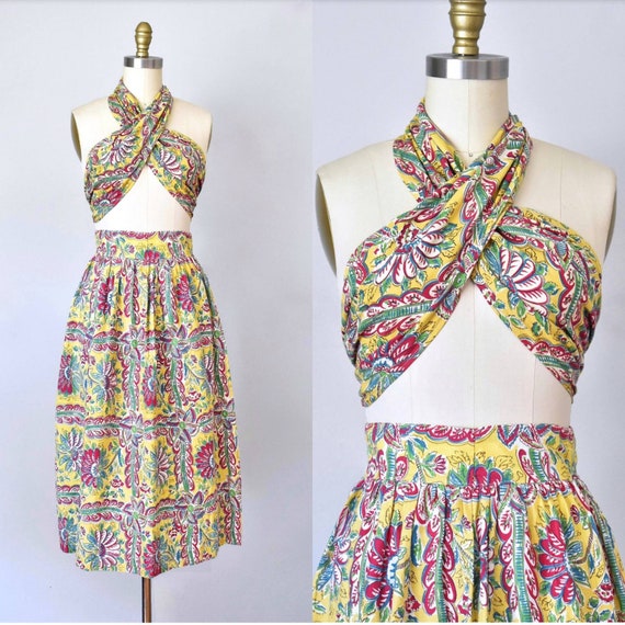 L'Amour 1940s beach skirt & top, tropical playsuit