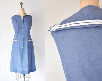 Marley cotton 60s 70s sailor dress, plus size dress, mod 60s dress, pleated summer dress, blue and white