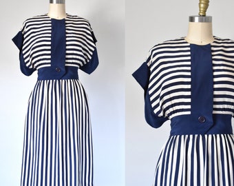 Em blue and white stripes silk dress, vintage dresses for women, navy blue tank dress, resort dress, summer dress, 90s vintage