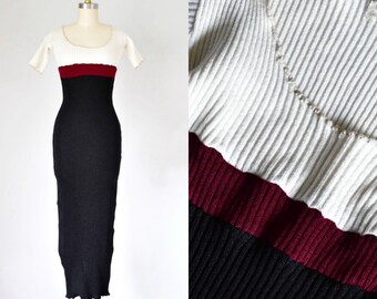 vintage 90s colorblock maxi dress, knit bodycon dress, black dress, 90s vintage, sexy dress, sweater dress