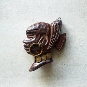 1940s African queen cameo wood brooch, wooden jewelry, brooch pin lapel pin image 3