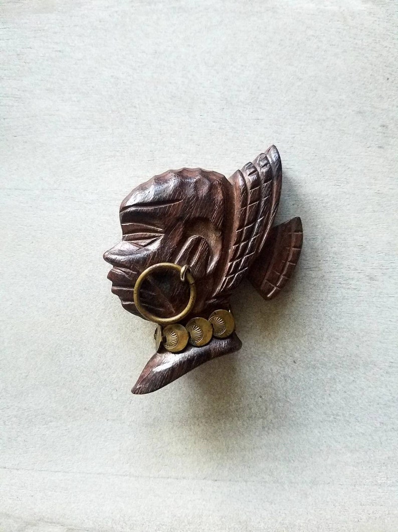 1940s African queen cameo wood brooch, wooden jewelry, brooch pin lapel pin image 3