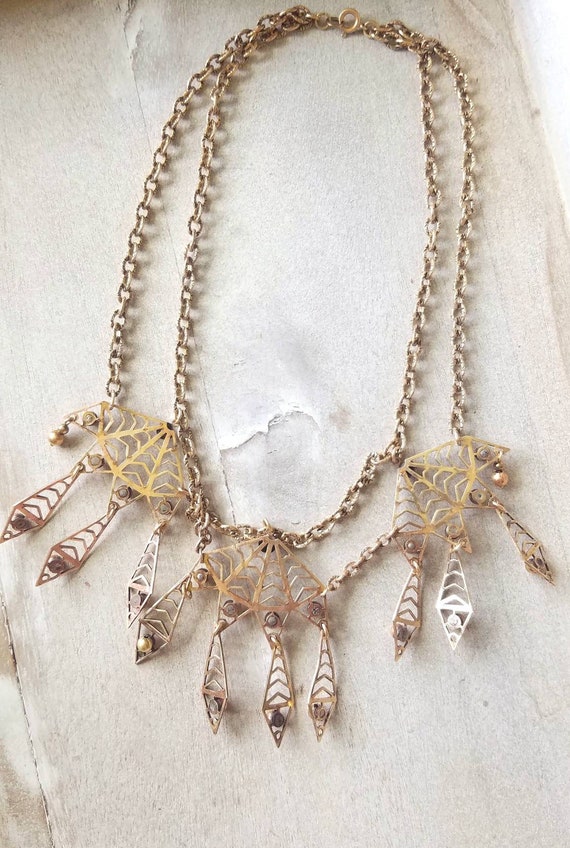 Rashida 1930s brass bib necklace, art deco jewelr… - image 1