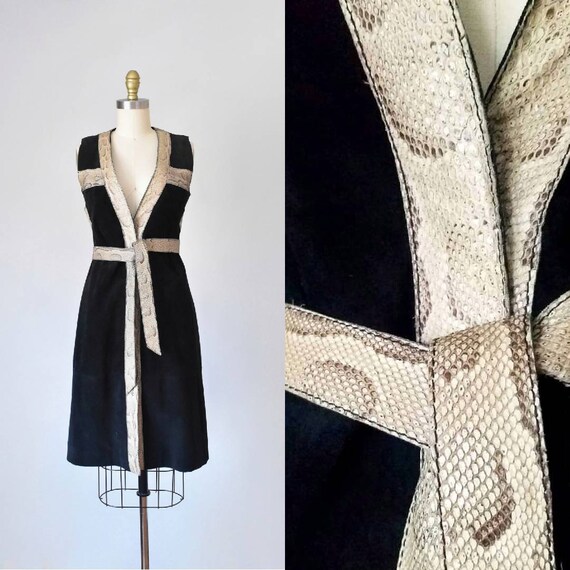 Begedor suede snakeskin dress, hippie 1960s dress,