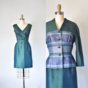 Mohan's 60s silk dress & jacket, 1960s green dress, vintage dresses, mod dress two piece set image 1