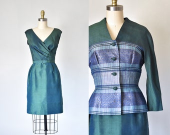 Mohan's 60s silk dress & jacket, 1960s green dress, vintage dresses, mod dress two piece set