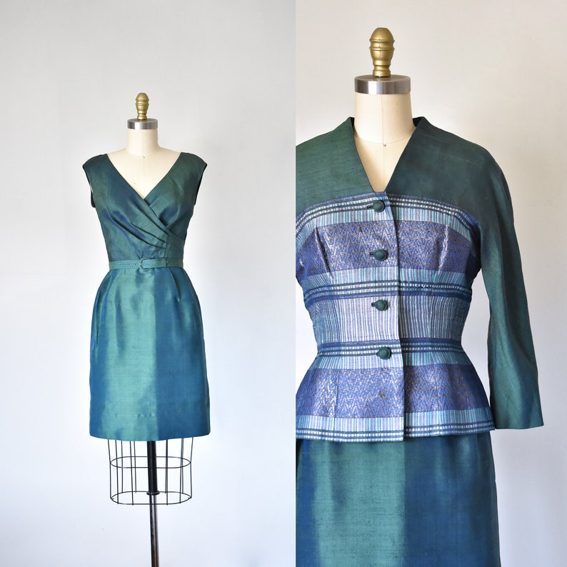 Mohan's 60s silk dress & jacket, 1960s green dress, vintage dresses, mod dress two piece set image 1