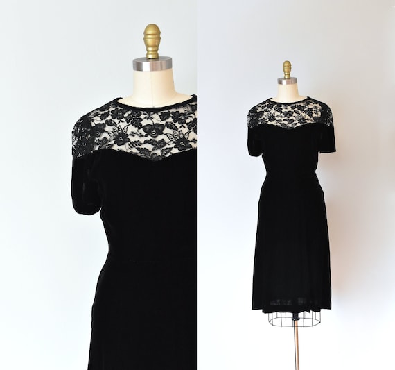 Olivia black silk velvet dress, lace 1940s dress,… - image 1