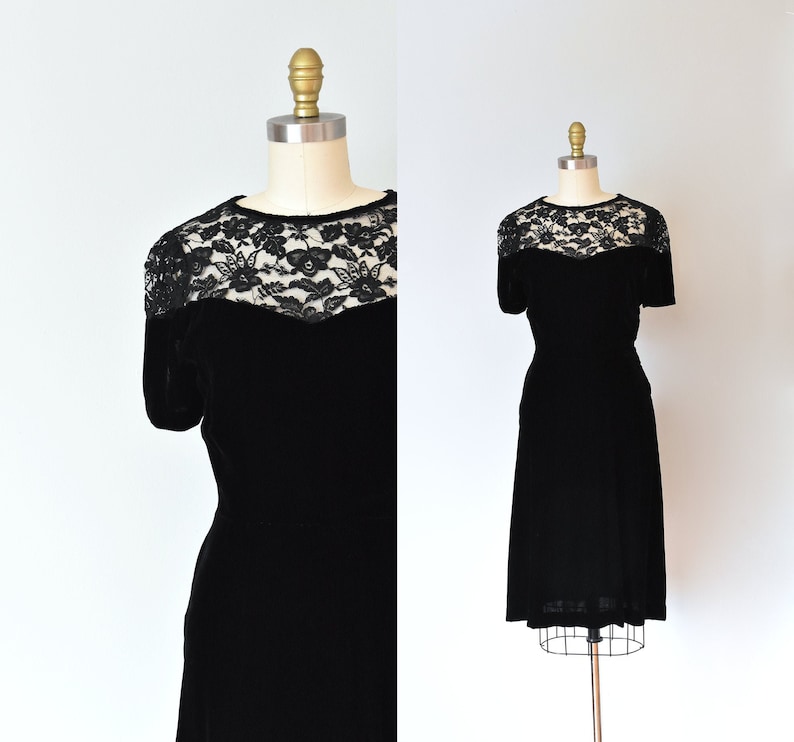 Olivia black silk velvet dress, lace 1940s dress, art deco 1930s dress image 1