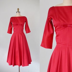 vintage 50s red satin dress, 1950s satin dress, christmas 50s dress, rockabilly party dress, midi dress formal, 50s swing dress
