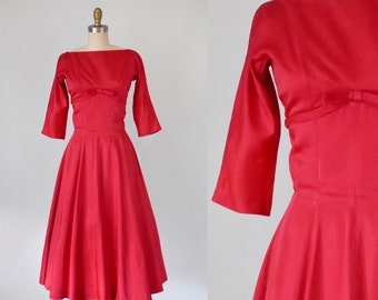 vintage 50s red satin dress, 1950s satin dress, christmas 50s dress, rockabilly party dress, midi dress formal, 50s swing dress