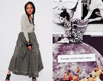 Vestido longo vintage preto e prata com lurex dos anos 1960