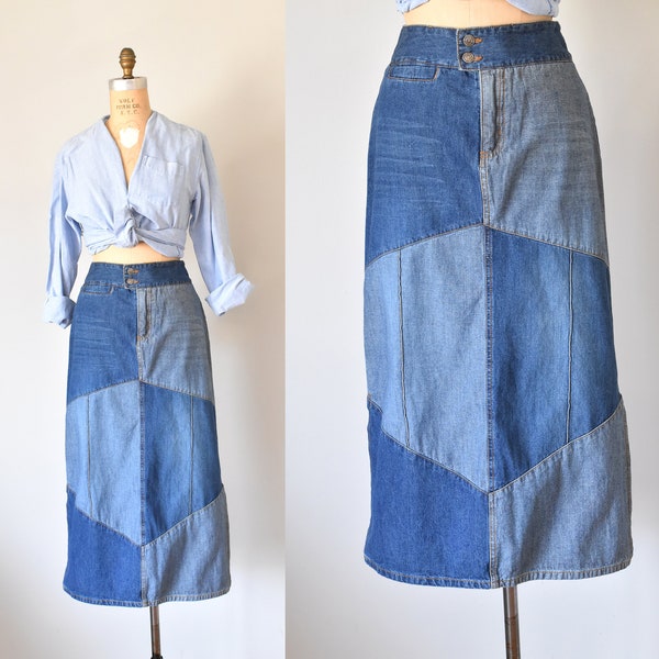 Angela denim patchwork skirt, denim skirt, festival clothing, long maxi skirt
