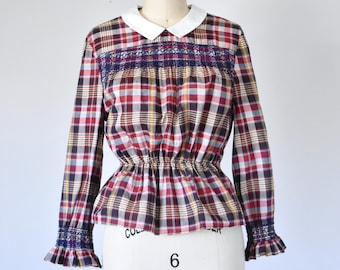 Gidget 1960s Plaid Smocked Cotton Blouse with Peter Pan Collar