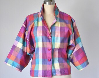 Carrie cotton rainbow plaid jacket top, 80s check cropped blazer, summer shirt, womens vintage clothing, erstwhile style