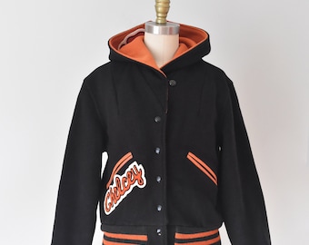 Jaqueta universitária de lã Chelcey, jaqueta bomber preta