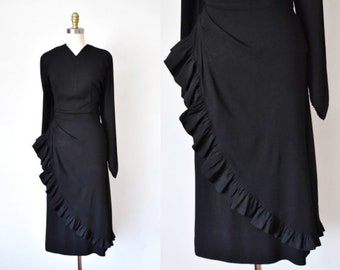 Iris rayon ruffle 1940s dress, black cocktail dress, long sleeve dress, vintage clothing