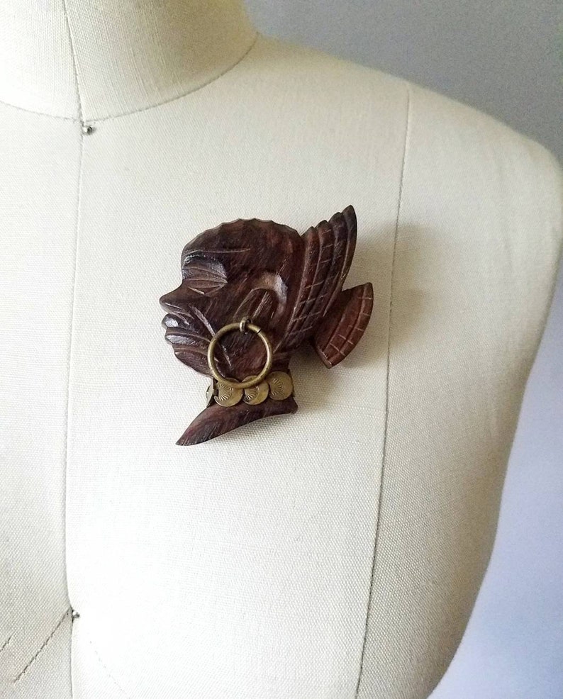 1940s African queen cameo wood brooch, wooden jewelry, brooch pin lapel pin image 1