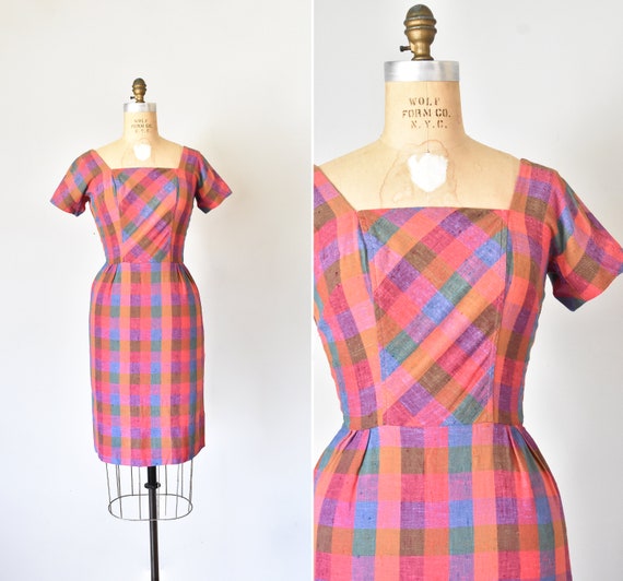 Dorothy plaid linen dress, 50s cocktail dress, pin
