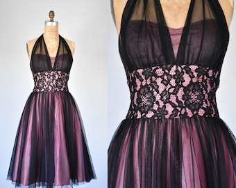 Vestido halter rosa y negro estilo rockabilly vintage, vestido rosa, vestido midi negro de estilo nuevo, vestido de los años 50, vestido de fiesta, vestido midi, vestido swing de los años 50