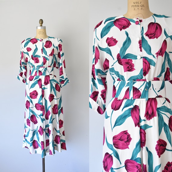 Keukenhof rayon floral dress, 1980s day dress, 80s