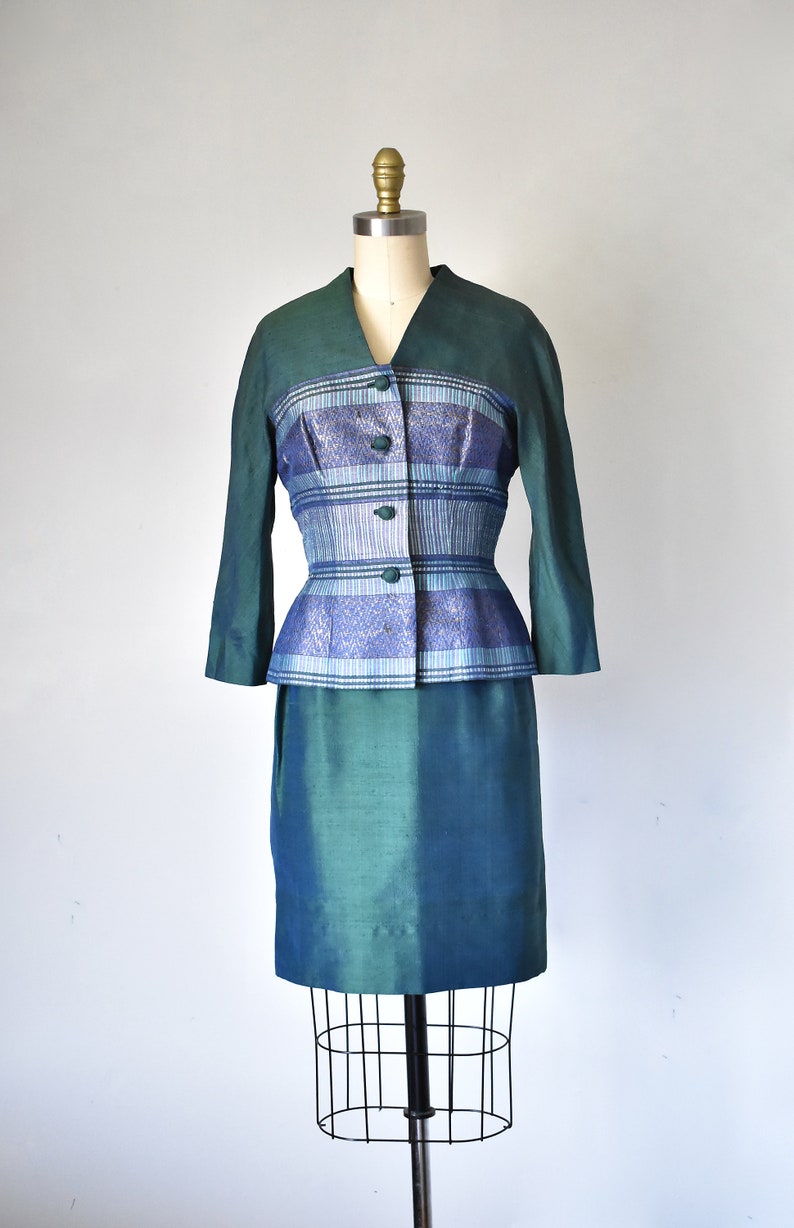 Mohan's 60s silk dress & jacket, 1960s green dress, vintage dresses, mod dress two piece set image 5