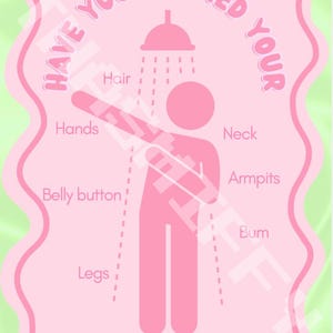 May include: Pink poster with a light green border. The poster features a pink silhouette of a person under a shower, with text asking "Have you washed your" and body parts listed, including hair, hands, and feet.