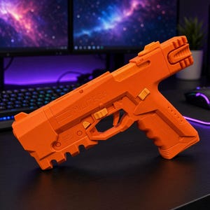May include: A bright orange toy pistol featuring a blocky, futuristic design with the word MILITECH embossed on the side. The object has a textured grip, a trigger, and a slotted barrel assembly, constructed from a solid matte plastic material.