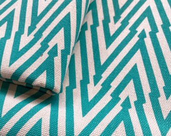 Roll end Sea green hand printed fabric geometric panel in upholstery organic cotton/hemp fabric