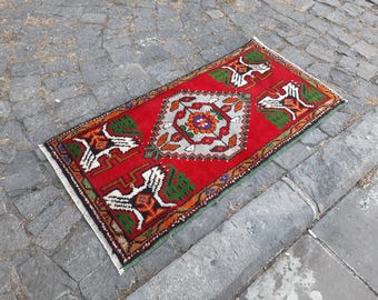 Vintage Rug 2x3 , Small Rug Red , Turkish Rug Mini , EXCELLENT