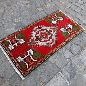 Vintage Turkish Wool Rug: Red Doormat Carpet 2x3 ft, Washable