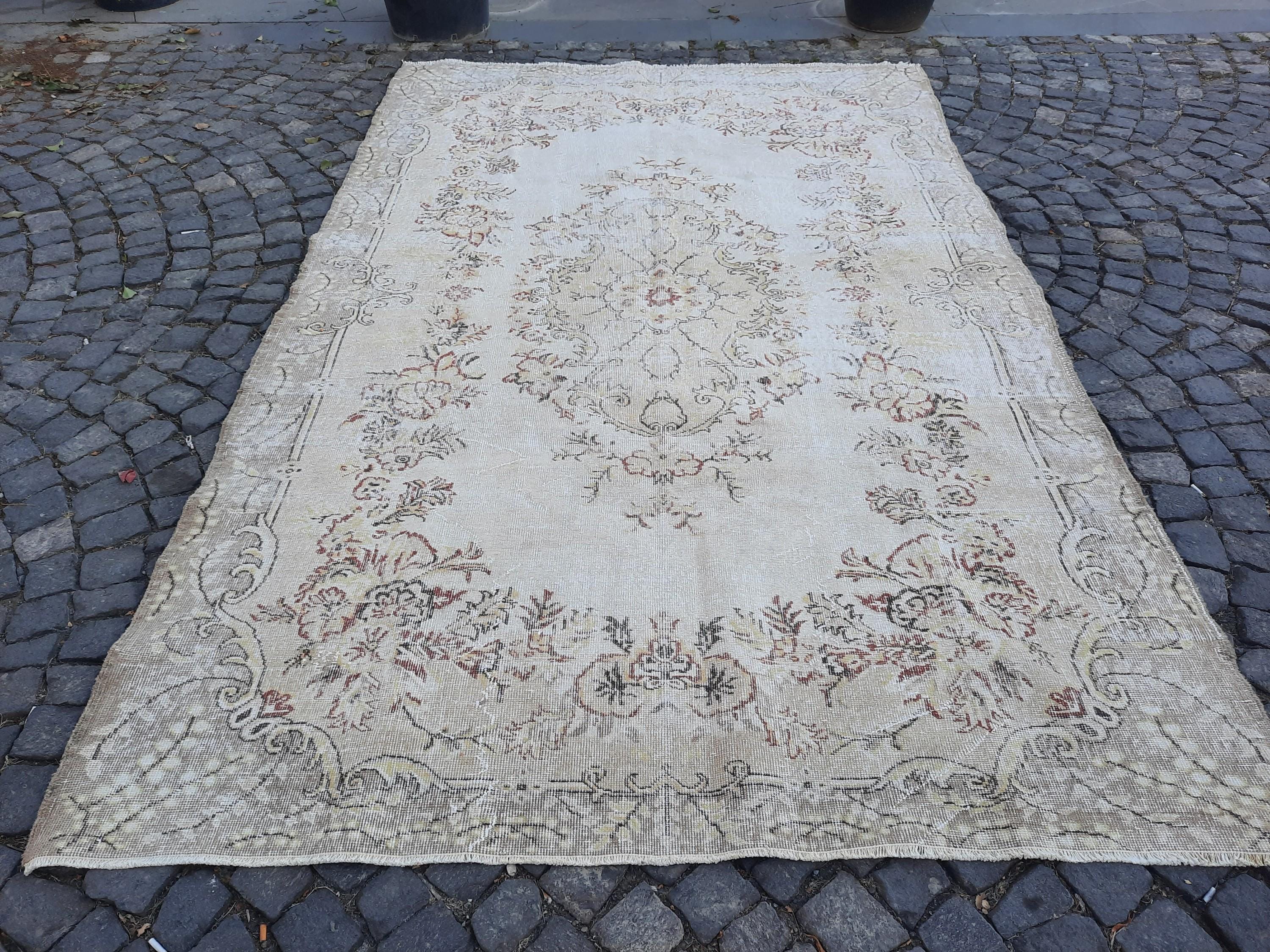Vintage Turkish Rug Faded 8x10 , Antique Wool Area Rug , LIVING ROOM RUG ... 200x310 cm , 6.7 x 10.1 feet ,