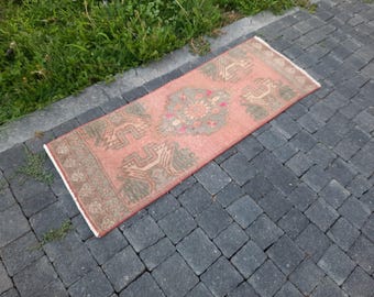 FADED ART PINK Vintage Turkish Rug 1X3 Pink Wool Art Small Bathroom Rug Gift Shop 40 x 107 cm