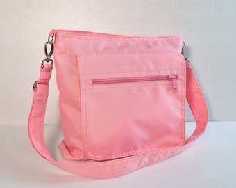 Pink Water Resistant Nylon Messenger Bag - Shoulder bag, Crossbody bag, Travel bag, Women, light weight zipper closure bag - Judith