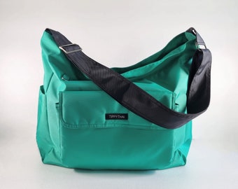 Aqua Green water resistant nylon - large messenger bag women, school bag, diaper bag, carry on crossbody bag, light weight bag - KAILA