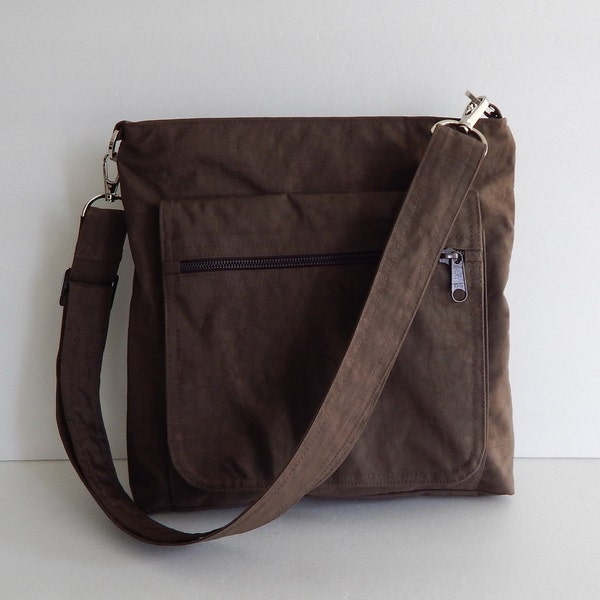Brown Water-Resistant Nylon Messenger Bag: Lightweight Crossbody Travel Bag - JUDITH