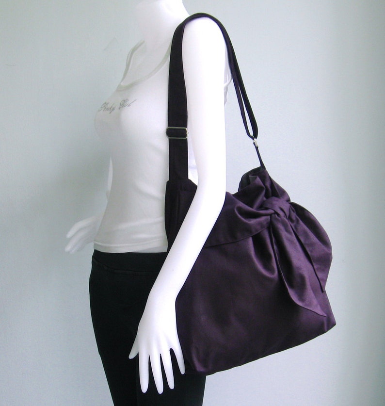 Deep Purple Cross body Canvas Bag, bag with pockets, women shoulder bag, everyday bag with bow, messenger bag, travel bag, stylish NINNY image 4