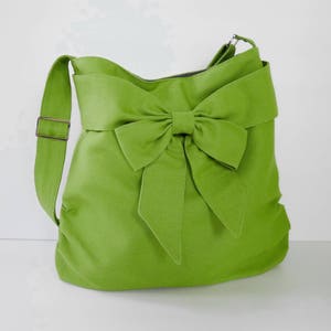 Pear Green Canvas Bag, women messenger bag, everyday bag with bow, crossbody bag, travel bag, gift for her JESSICA image 1