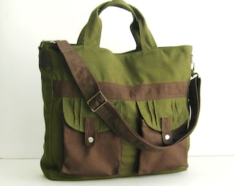 Dark Olive Canvas All Purpose Crossbody Bag: Laptop Tote, Diaper and everyday bag - SUNNY