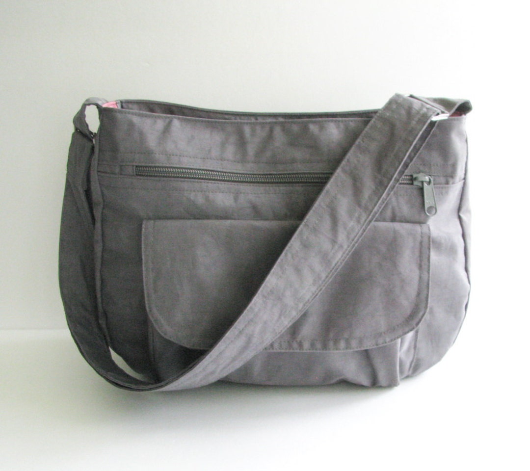 Grey Water Resistant Nylon Messenger Bag Shoulder Bag, Crossbody Bag ...