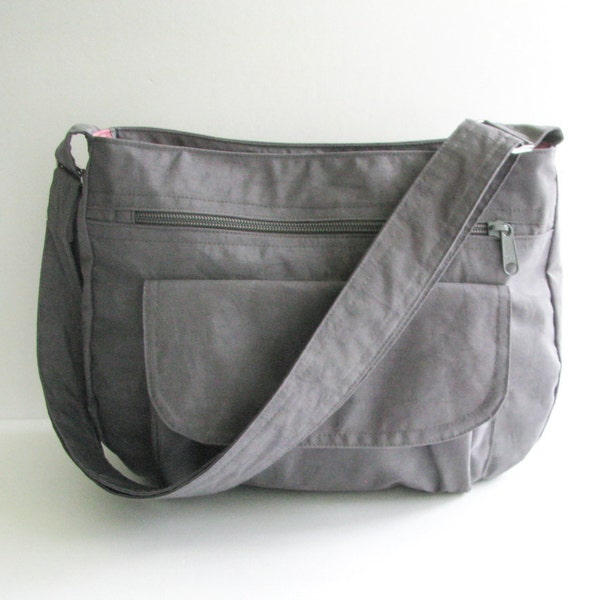 Grey Water Resistant Nylon Messenger Bag - Shoulder bag, Crossbody bag, Travel bag, light weight bag, custom made women everyday bag - PATTY