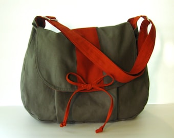 Graue Canvas Umhängetasche, Schultasche, Windeltasche, Crossbody Tasche, Laptoptasche, Frauen Tasche mit Schleife- DIANA