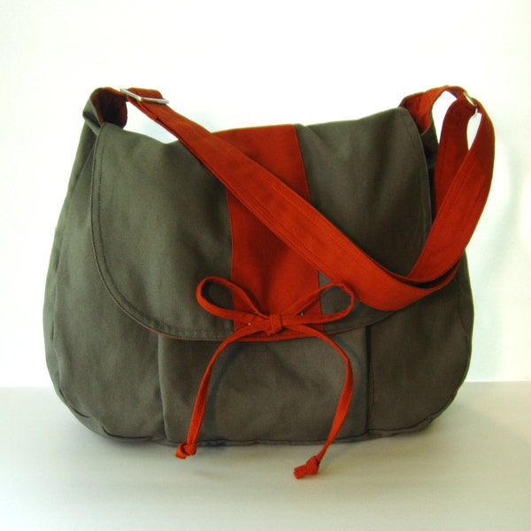 Grey Canvas Messenger bag, School Bag, Diaper Bag, Crossbody bag, Laptop bag, Women bag with bow- DIANA
