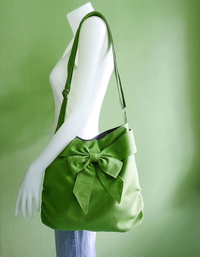Pear Green Canvas Bag, women messenger bag, everyday bag with bow, crossbody bag, travel bag, gift for her JESSICA image 3