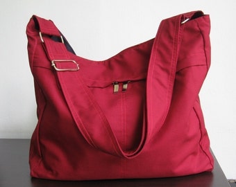 Maroon Cotton Twill Hobo Bag w Adjustable Strap, crossbody bag, women messenger bag, diaper bag, carry all travel bag, shoulder bag - Carmen