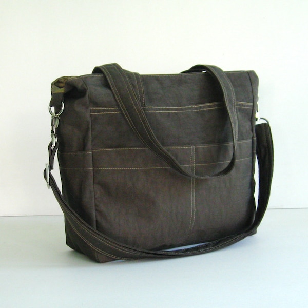 Chocolate Brown Water-Resistant nylon bag, tote, shoulder bag, everyday bag, messenger bag, many pockets bag, travel bag - Tracy