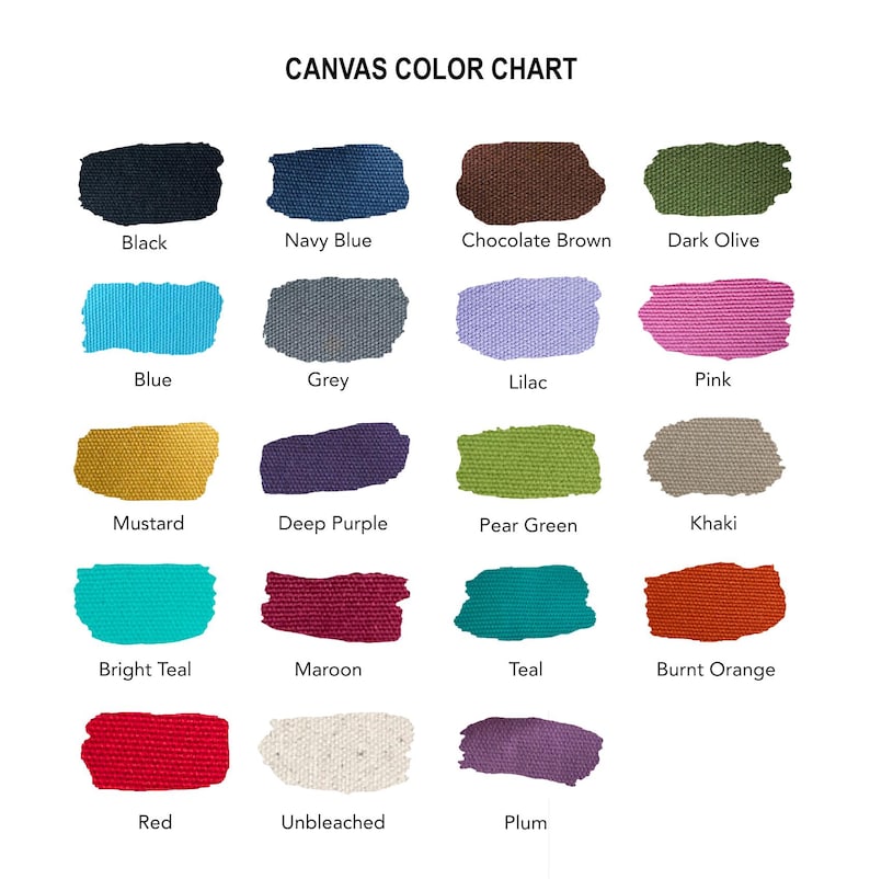 May include: A color chart showing 16 different colors of canvas fabric. The colors are: black, navy blue, chocolate brown, dark olive, blue, grey, lilac, pink, mustard, deep purple, pear green, khaki, bright teal, maroon, teal, burnt orange, red, unbleached, and plum.