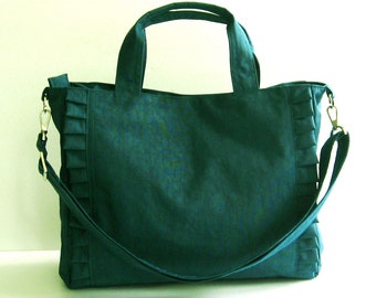 Dark Teal Nylon Tote, water resistant, ruffles messenger bag with handles, diaper bag, travel bag, everyday bag, carry on bag - Minnie